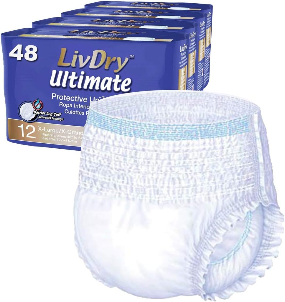 LivDry Ultimate XL Incontinence pour adultes Sous-vêtements, Haute Absorbence, Protection contre les coupures, X-Grand, 48-Pack