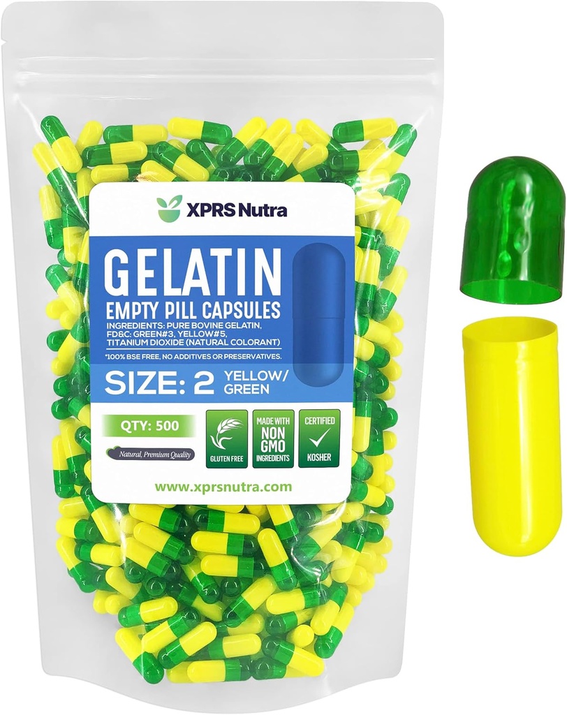 XPRS Nutra Taille 2 Capsules vides - 500 Compte Capsules de gélatine vides - Pills Bricolage Capsule Remplissage - Pure Pilule à Pilule pour Suppléments Do-It-Youlf (Green/Yellow)