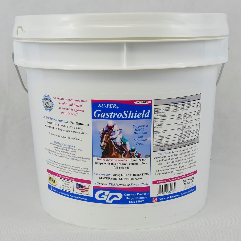 SUPER GastroShield Equine Probiotics Poudre - Supplément de digestion des chevaux pour la santé gastrique - Soutient la digestion saine et le piège intestinal - 20 livres, 10 mois d'approvisionnement