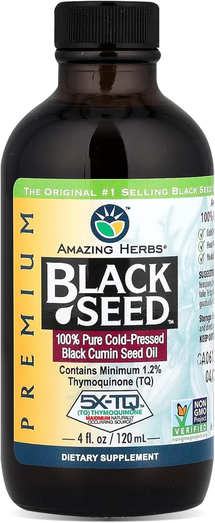 Amazing Herbs Premium Huile de Graine Noire - Nigella Sativa pressée à froid Aides à la santé digestive, soutien immunitaire, fonction cérébrale, mobilité articulaire, sans gluten, non OGM - 4 Fl Oz