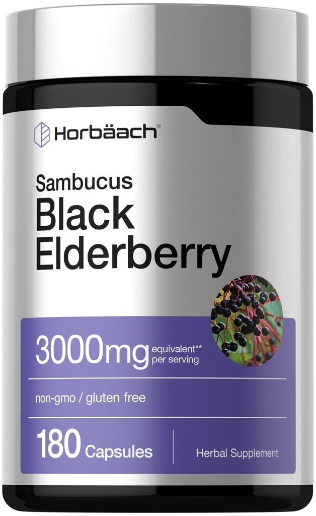 Horbäach Black Elderberry (en anglais seulement) 3000mg Capsules (en anglais seulement) 180 Count (en anglais seulement) Non-OGM, sans gluten (en anglais seulement)