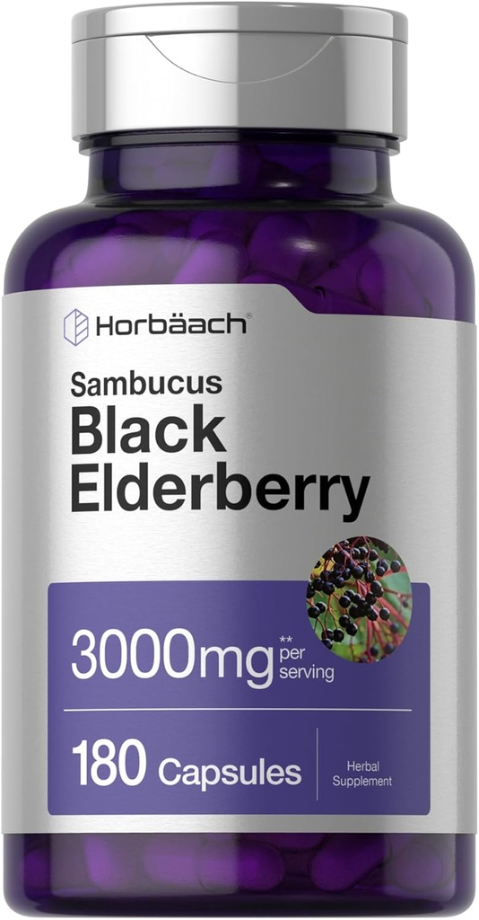 Horbäach Black Elderberry (en anglais seulement) 3000mg Capsules (en anglais seulement) 180 Count (en anglais seulement) Non-OGM, sans gluten (en anglais seulement)