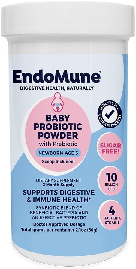 Endomune Jr poudre probiotique avancée pour les nouveau-nés, les nourrissons, les tout-petits et les bébés - 10 milliards d'UFC - 4 souches Bactéries et FOS Prébiotique - Physicien formulé - 60 jours d'approvisionnement