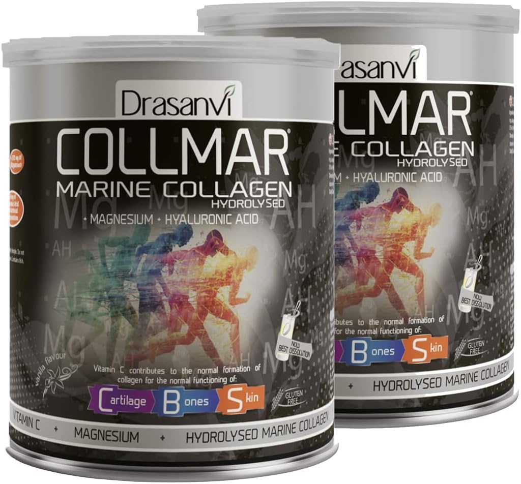 Drasanvi 2 Pack Collmar Hydrolyzed Marine Collagen with Magnesium Powder 300g Vanilla Flavor - Spanish Supplements for A Healthy Skin Cartilage and Bones - Helps Minimize Tiredness and Fatigue