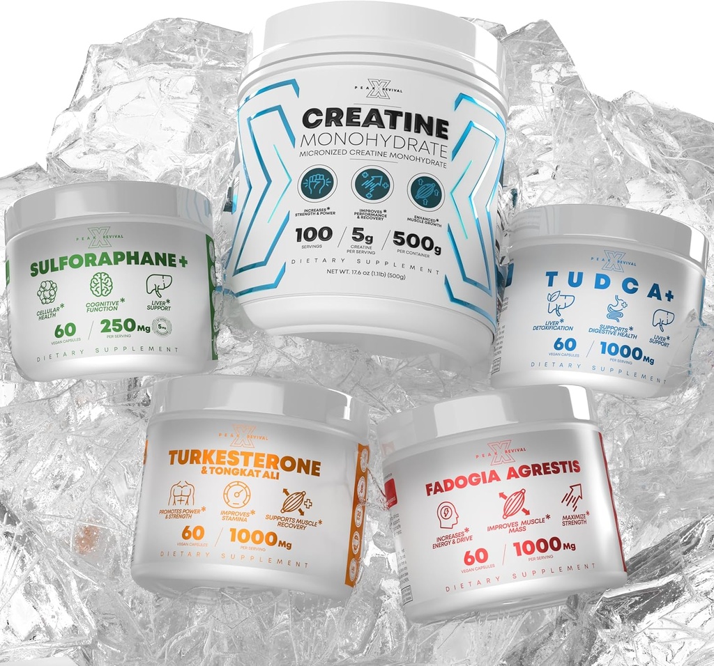 Ensemble - Turkestérone & Tongkat Ali + Fadogia Agrestis + Créatine + Sulforaphane + TUDCA - Boost Stamina, croissance musculaire, santé du foie, fonction cognitive et detox - Fabriqué aux États-Unis