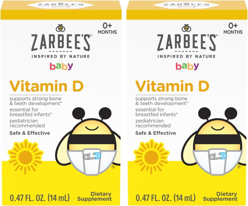 Les gouttes de vitamine D de Zarbee pour les nourrissons, 400UI (10mcg) Supplément liquide pour bébés et tout-petits, Nouveau-né et plus, Seringue à goutte incluse, Boîte de 2 0,47 Fl Oz