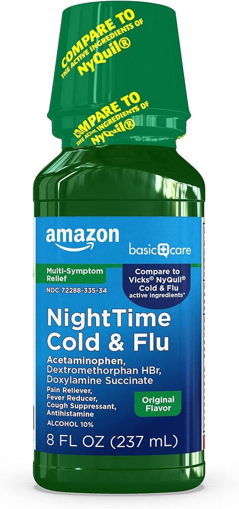 Soins de base Relief du rhume et de la grippe, soulagement de la douleur, réducteur de fièvre, suppresseur de la toux et antihistaminique liquide, saveur originale, 8 fl oz (paquet de 1)