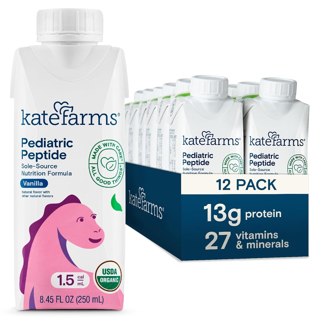 KATE FARMS Organic Pediatric Peptide 1.5 Formule, Vanille, Sole-Source Hydrolysed Plant-Based Nutrition for Oral or Tube Feeding, 8,45 oz (12 pack)