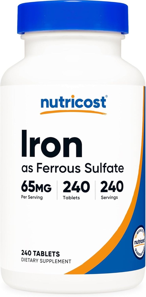 Fer Nutricost (sous forme de sulfate ferreux) 65mg, 240 comprimés - non-OGM, sans gluten