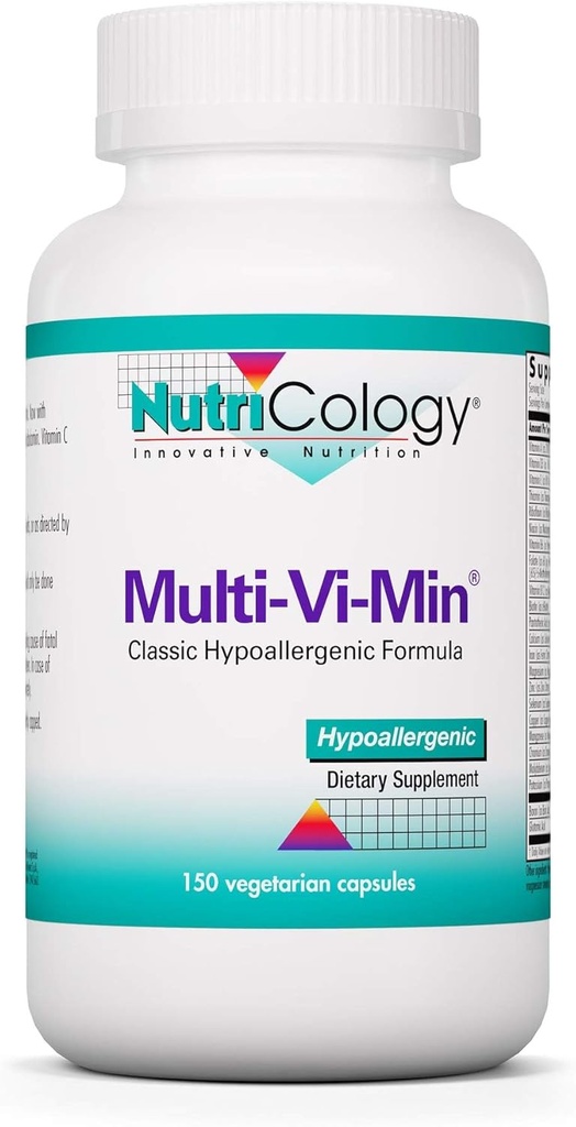 Nutricologie Multi-Vi-Min Supplément - Multivitamine pour les hommes et les femmes, avec Fer, Vitamines quotidiennes, pour les adultes, Haute puissance, Biodisponible, Capsules végétariennes - 150 Compte
