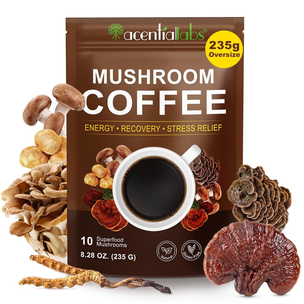 Café de champignons (235g Supersize), 10 mélanges de champignons super-alimentaires pour l'énergie, récupération et focus, poudre de café instantané biologique avec la Mane de Lion, Reishi, Chaga, Cordyceps, 8.28 OZ