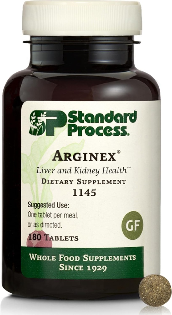 Standard Process Inc. Arginex - Formule d'aliments entiers pour les organes de nettoyage du corps - Soutien du foie et supplément pour la santé rénale avec vitamine A, farine d'avoine, sarrasin et acide ascorbique - 180 comprimés