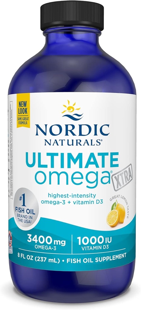 Nordic Naturals Ultimate Omega Xtra Liquid, Lemon Flavor - 8 oz - 3400 mg Omega-3 + 1000 UI Vitamine D3 - EPA & DHA - Santé du cerveau, du coeur, des articulations et des immunes - Non-OGM - 48 portions