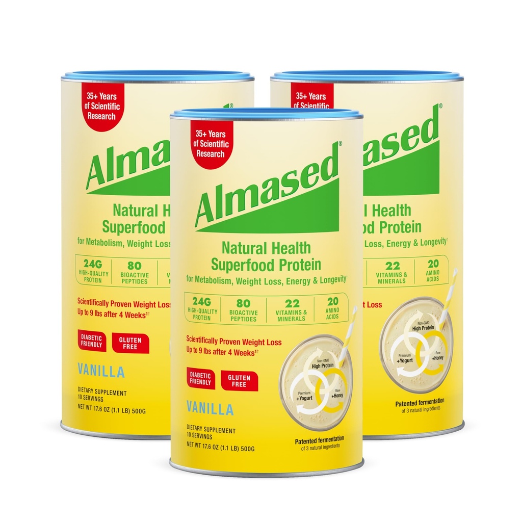 Almased Vanilla substitut de repas Shake - Faible-Glycémique haute protéine de base de la plante Poudre- Poids nutritionnel Supplément de soutien de santé - Vanilla Flavor - 17,6 oz (1,1 livre (3 paquet))