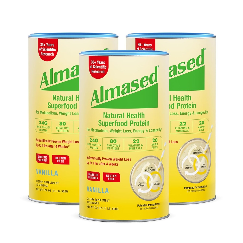 Almased Vanilla substitut de repas Shake - Faible-Glycémique haute protéine de base de la plante Poudre- Poids nutritionnel Supplément de soutien de santé - Vanilla Flavor - 17,6 oz (1,1 livre (3 paquet))