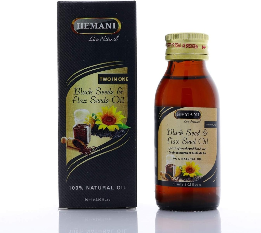 Hemani Graines noires pressées à froid et huile de lin mélange 60ml- Sans gluten, non-OGM, élevé en Oméga 3, 6 et 9, soutient la fonction articulaire, cérébrale et cardiaque