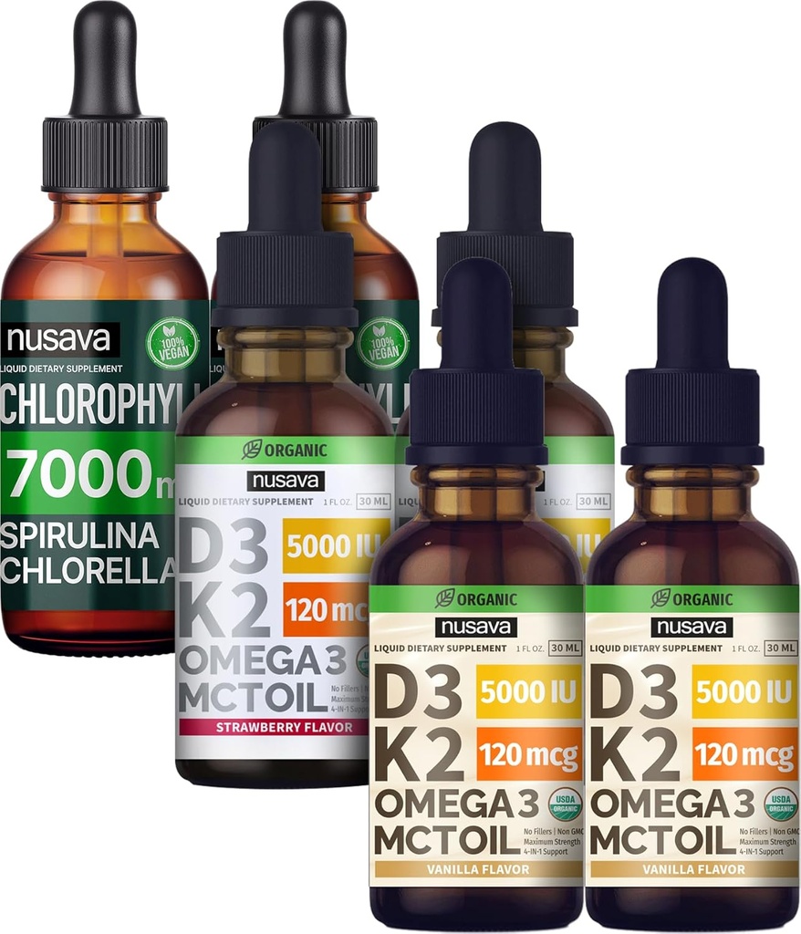 NUSAVA Fraise Aromatisée D3 K2 gouttes, Vanille Aromatisée D3 K2 gouttes, et Chlorophylle gouttes liquides - Potent Vitamines liquides pour le cœur, joint, énergie, et le soutien immunitaire - Non-OGM, sans gluten, 2pk