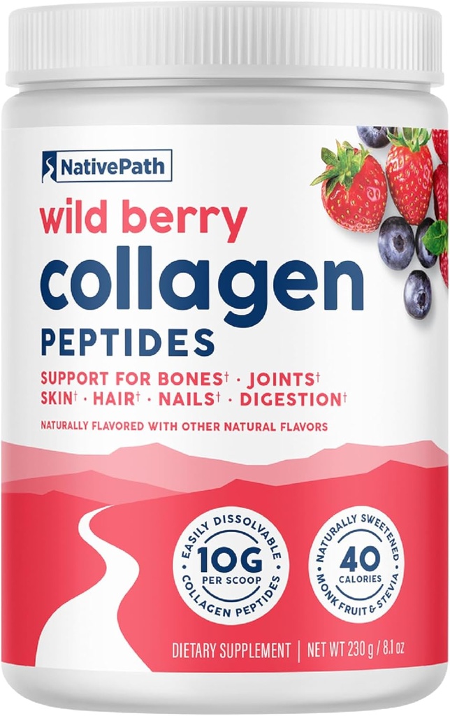 NativePath Collagen Peptides - Hydrolyzed Type 1 & 3 Collagen. Keto & Paleo Grass-Fed Protein Powder for Hair, Skin, Nails, Bones, Joints, Digestion and More - No Gluten or Dairy (Wild Berry, 230g)