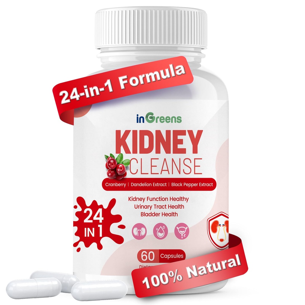 Détox et réparation de nettoyage du rein avancé - Supplément de soutien rénal 24-en-1 avec formule à base de plantes pour la santé du rein et du trac urinaire - Non-OGM, fabriqué aux États-Unis, 60 capsules