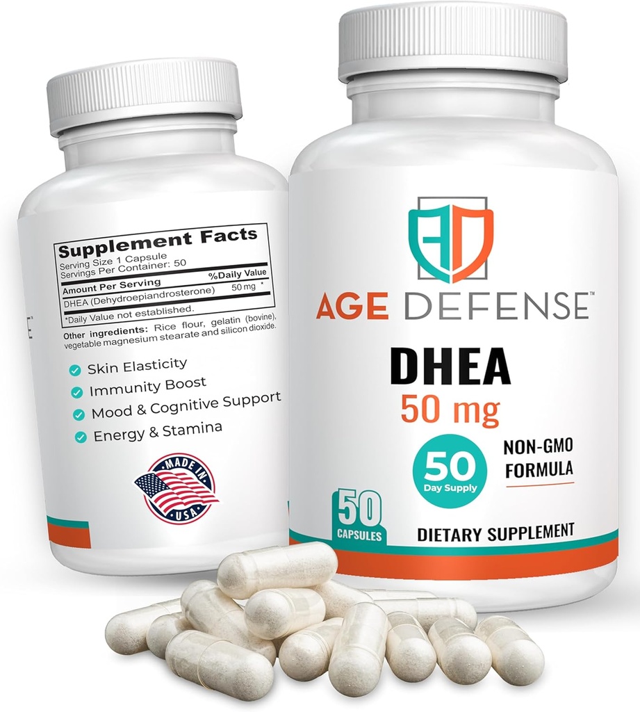 Capsules DHEA - Suppléments DHEA - Soutien à l'énergie naturelle et immunitaire - Soutien à la vitalité, à l'élasticité cutanée et au bien-être général - Supplément DHEA pour les femmes et les hommes (50 mg)