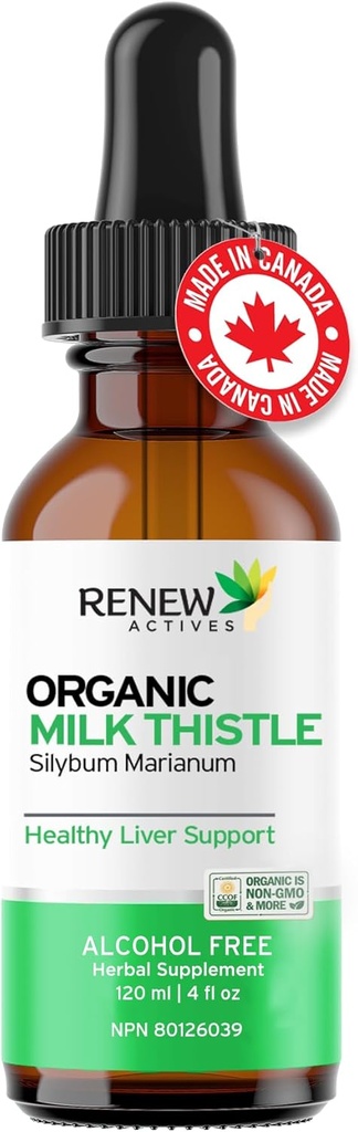 Renouveler les actifs Extrait liquide de chardon de lait 110MG par 2ML – gouttes de soutien du foie pour une santé optimale – Pas d'alcool, non-OGM, végétalien – soutient la fonction hépatique et la santé digestive – Fabriqué au Canada – 4 fl oz