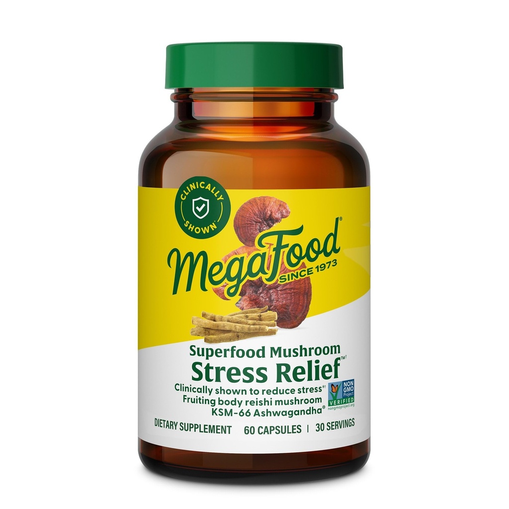 MegaFood Superfood Mushroom Stress Relief - Reishi Mushroom Supplement cliniquement étudié pour réduire le stress - docteur formulé avec Ashwagandha KSM 66 - végétalien, sans gluten - 60 capsules, 30 portions