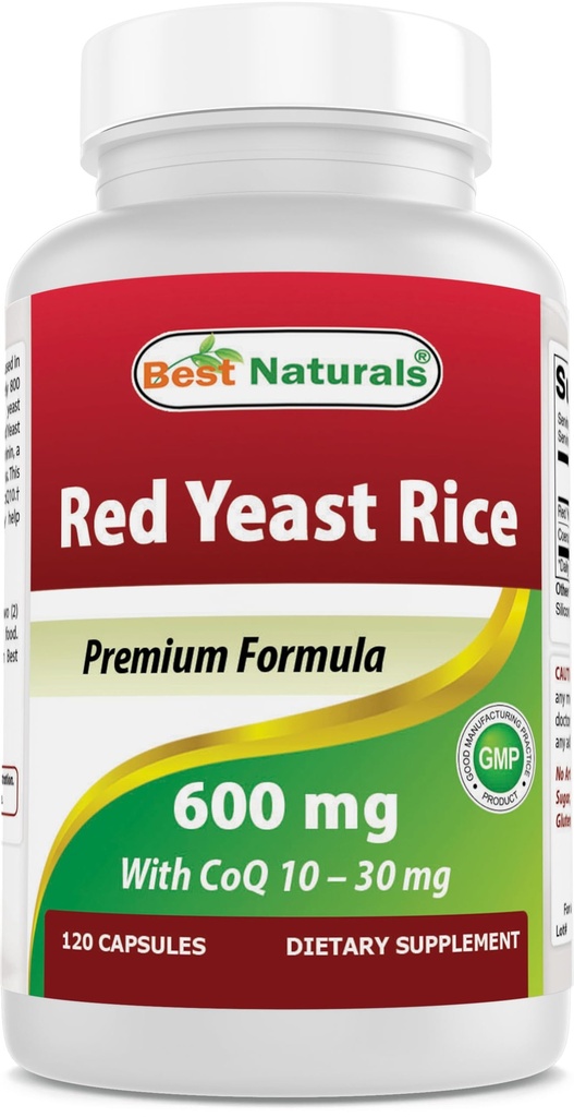 Meilleurs produits naturels Riz de levure rouge avec CoQ10, 120 Capsules - Formule cardiovasculaire contient 600 mg de riz de levure rouge et 30 mg de CoQ10