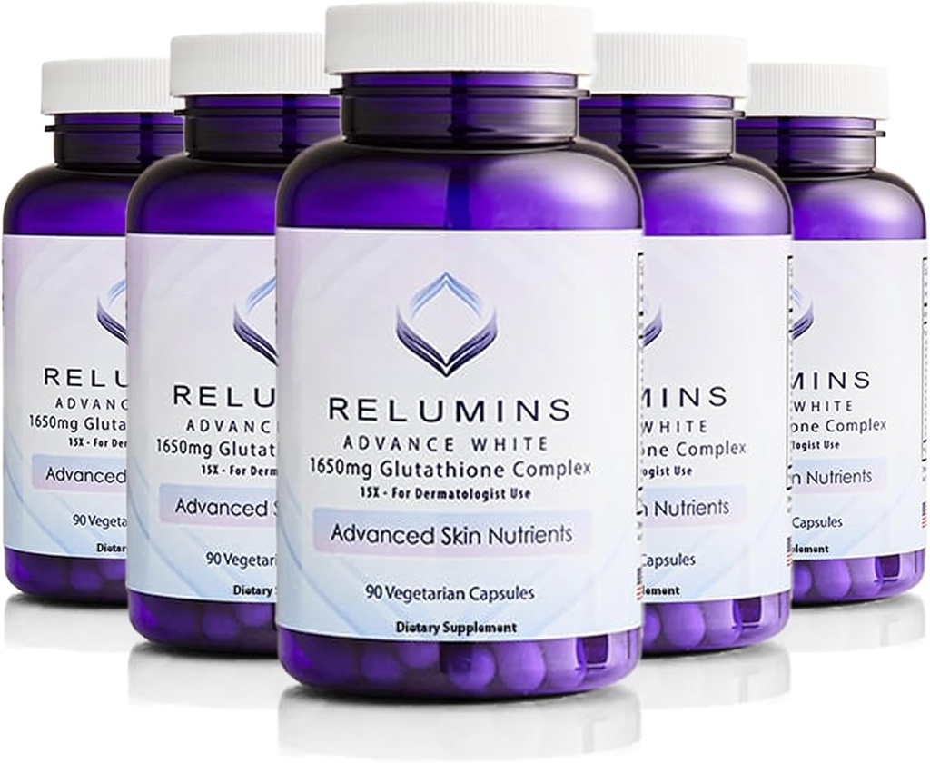 Relumins L-Glutathion Complex 1650mg - Support antioxydant avec acide alpha lipoïque, NAC, L-méthionine, vitamine E, supplément de santé de la peau, fabriqué aux États-Unis - 90 Capsules végétariennes x 5 bouteilles