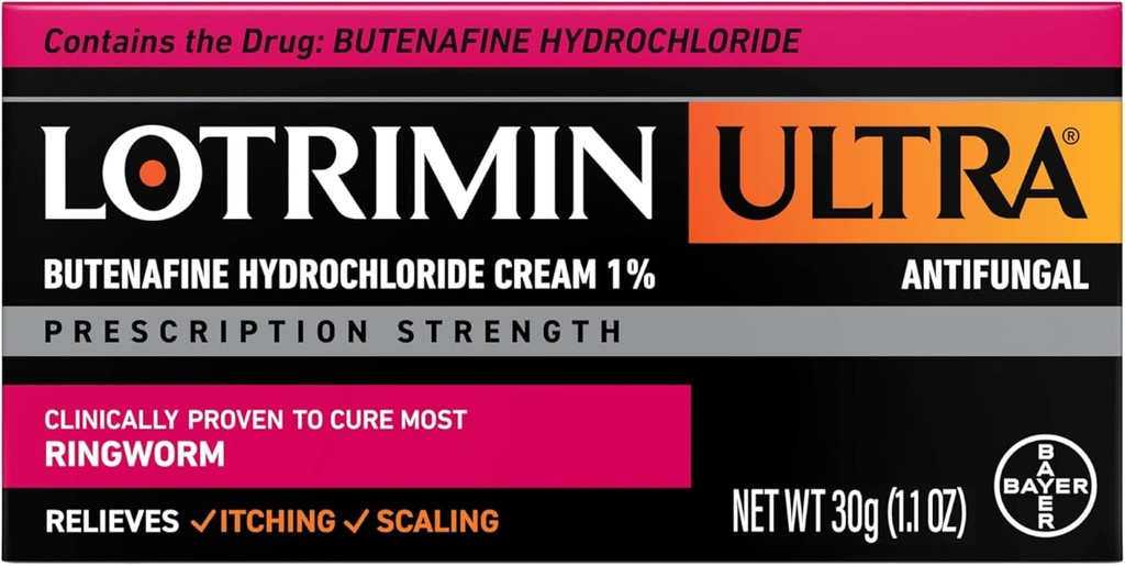 Crème de ver à anneaux de lotrimine, chlorhydrate de buténafin 1%, traitement antifongique efficace de la plupart des vers à anneaux, 1,1 once (30 grammes)