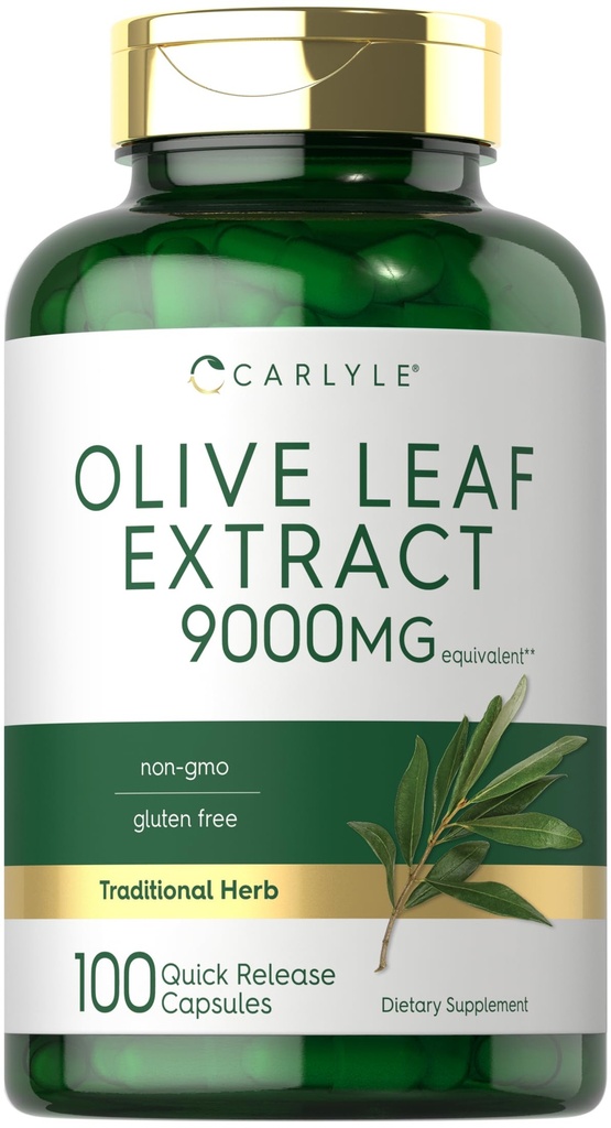 Carlyle Olive Leaf Extract Capsules $ 9000mg $ 100 Count $ Non-OGM, sans gluten $ Supplément haute puissance