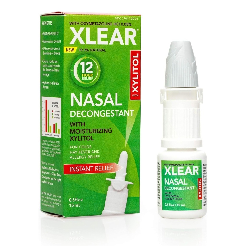 Spray nasal de 12 heures Xlear, spray nasal saline naturel avec Xylitol et Oxymétazoline, pression instantanée du sinus et soulagement de la congestion pour les enfants et les adultes 0,5 fl oz (paquet de 1)