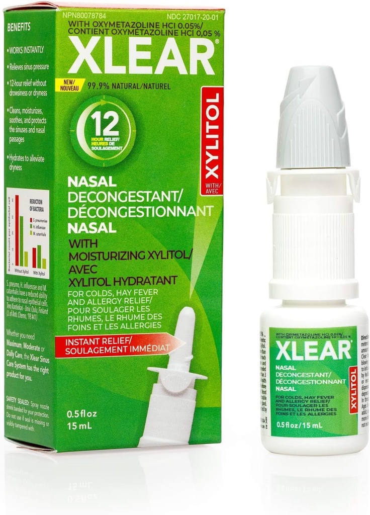 Spray nasal de 12 heures Xlear, spray nasal saline naturel avec Xylitol et Oxymétazoline, pression instantanée du sinus et soulagement de la congestion pour les enfants et les adultes 0,5 fl oz (paquet de 1)