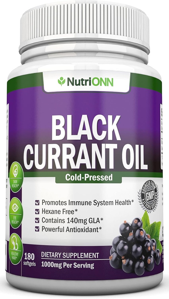 Huile de Currant Noir - 1000 Mg - 180 Softgels - Huile de Currant Noir pur pressé à froid - Hexane Free - 140mg GLA par service - Régle l'équilibre hormonal - Idéal pour le système immunitaire, les cheveux et la peau