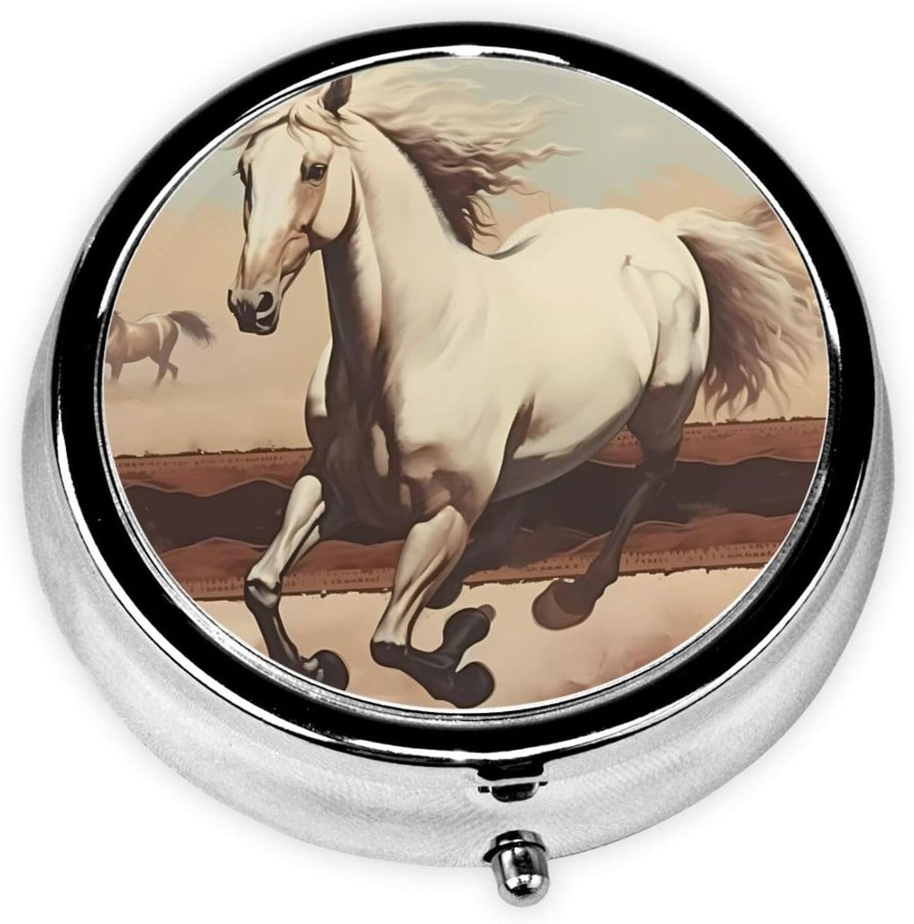 Boîte à pilules, petit étui à pilules pour la Purse & Pocket, organisateur de médecine mignon Voyage Pillbox, porte-conteneur de pilules portable pour tenir les vitamines, les médicaments, l'huile de poisson et les suppléments,Prancing White Horse