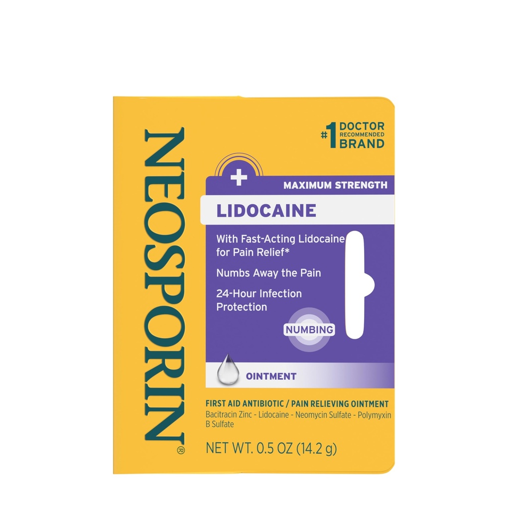 Neosporine + Lidocaïne Premiers soins Onguent antibiotique, force maximale et action rapide, soulagement de la douleur topique, protection 24 heures sur 24 contre les infections qui échappent à la douleur, Bacitracine Zinc, 0,5 oz