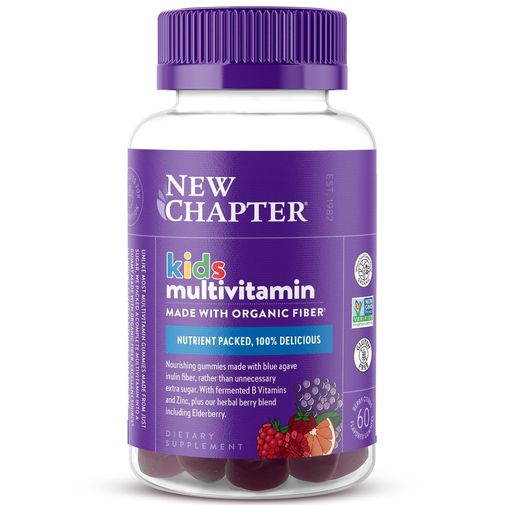Nouveau chapitre Gummies multivitamines pour enfants - 65% Moins de sucre, Vitamines gommées pour enfants avec des vitamines C, D3 et zinc, non-OGM, sans gluten, Berry-Citrus, 60ct