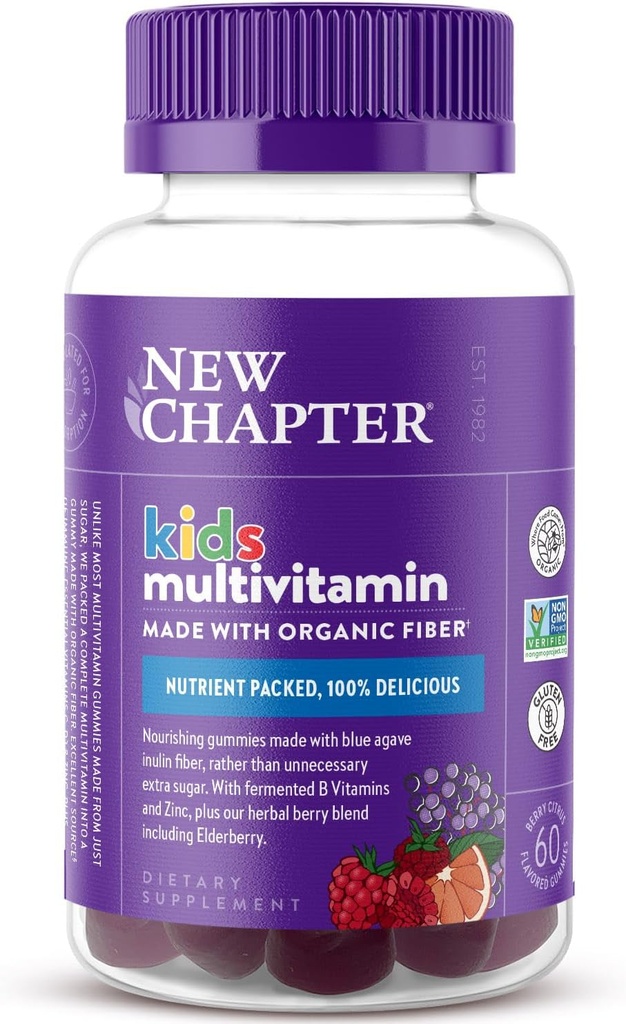 Nouveau chapitre Gummies multivitamines pour enfants - 65% Moins de sucre, Vitamines gommées pour enfants avec des vitamines C, D3 et zinc, non-OGM, sans gluten, Berry-Citrus, 60ct