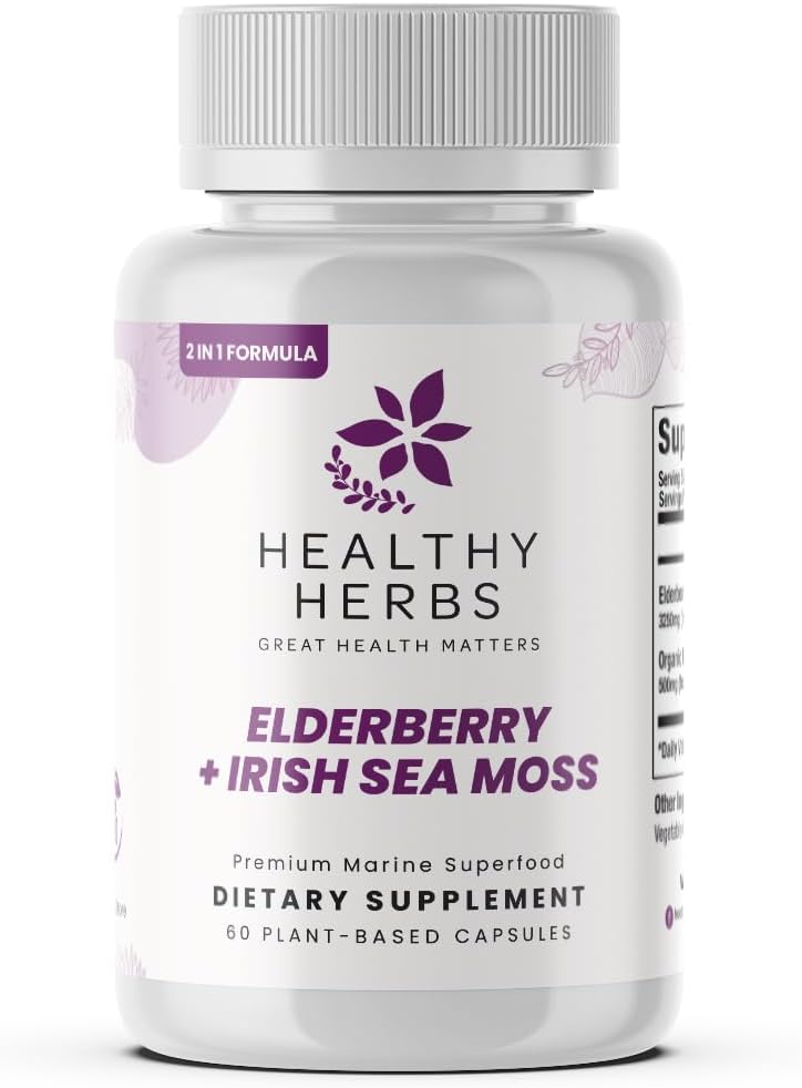 Herbes saines Wildcrafted Elderberry Sea Moss Capsules: 2600mg Irish Sea Moss + Elderberry Essentials Blend: mélange américain, végétalien, non-OGM, facile à avaler (60 capsules)