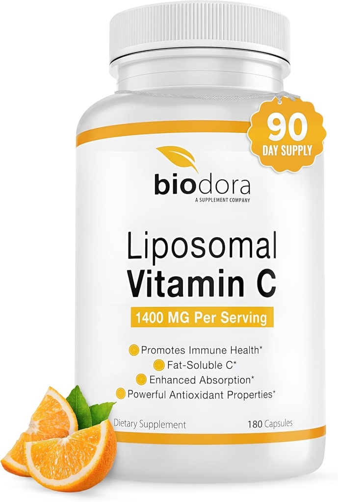 Vitamine C liposomique, système immunitaire sain, soutient la santé cardiaque, le niveau d'énergie amélioré, propriétés antioxydantes, 1400mg par portion, 180 Capsules