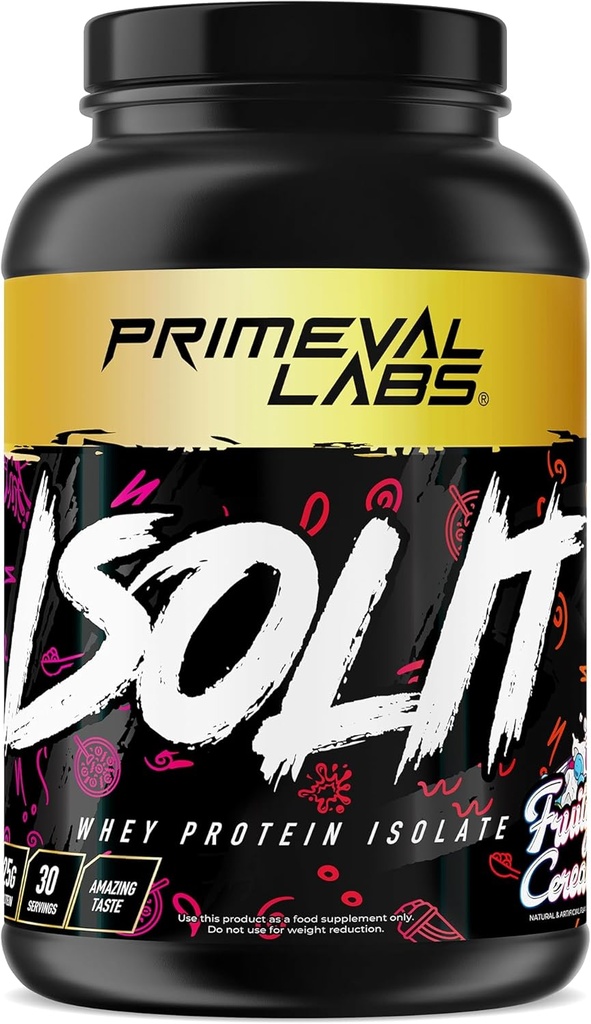 Primeval Labs ISOLIT - Poudre de protéines de lactosérum, 100 % d'isolat de lactosérum, 25g de protéines, BCAAs, Absorbage rapide, Digestion facile (Céréale de friture, 2lb)