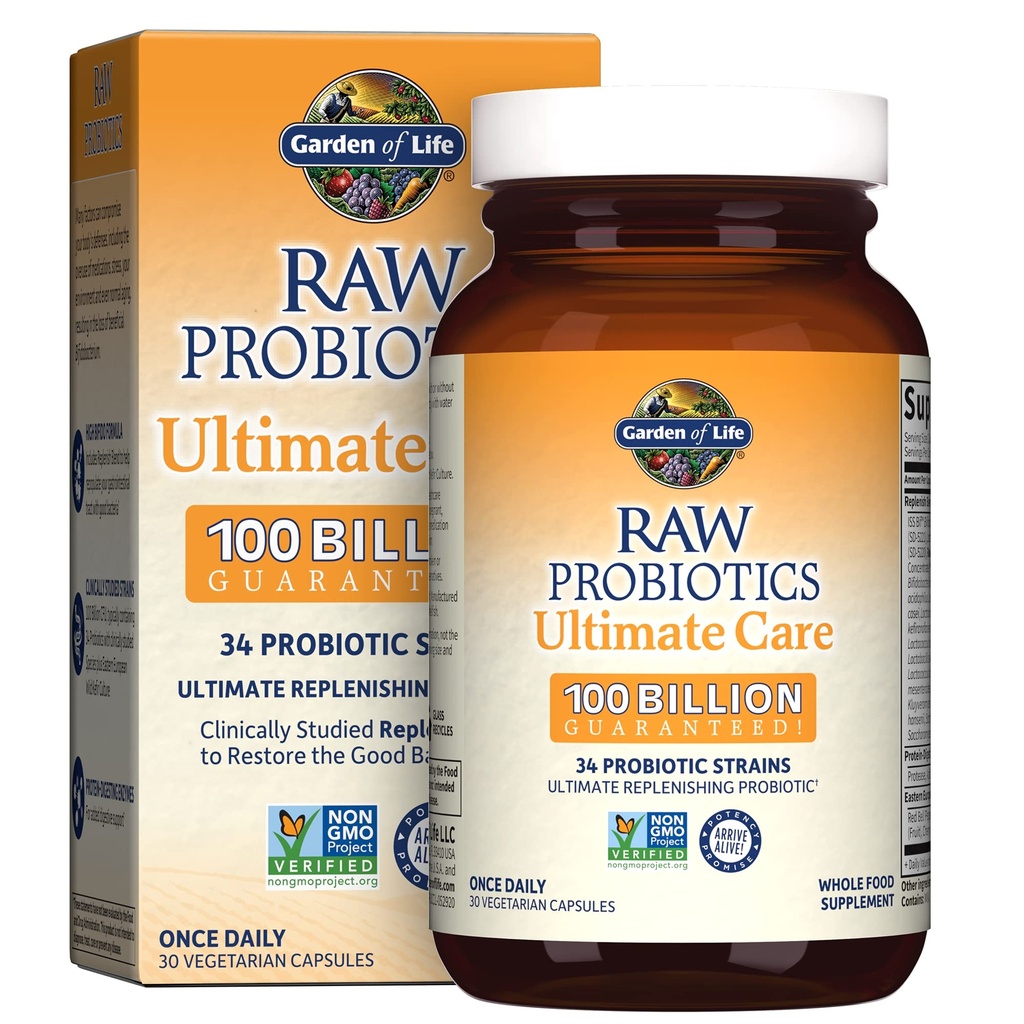 Jardin de la vie Probiotiques crus Soins ultimes - 100 milliards UFC - Supplément alimentaire pour le soutien de la santé Gut - Pour les femmes et les hommes - 30 capsules végétariennes