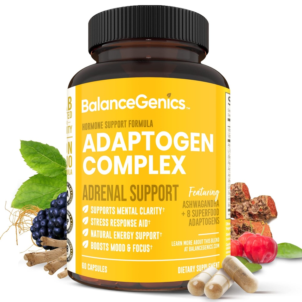 Supplément de soutien adrénal avec Ashwagandha, Saint Basilic, Rhodiola Rosea.