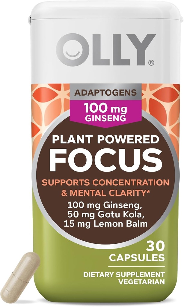 OLLY Focus Adaptogène, Ginseng, Gotu Kola, Supplément de soutien d'humeur, Capsules végétariennes - 30ct