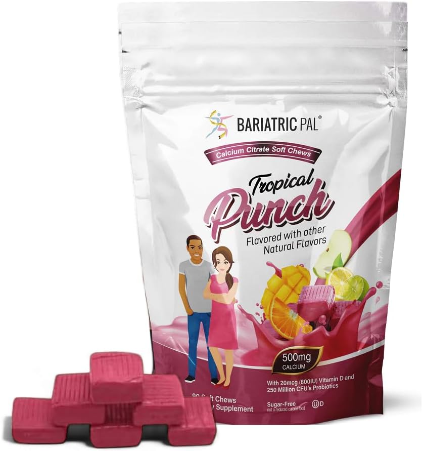 BariatricPal Sugar-Free Calcium Citrate Soft Chews | 500mg with Vitamin D & Probiotics | Tropical Punch | 90 Count (1 Month Supply)