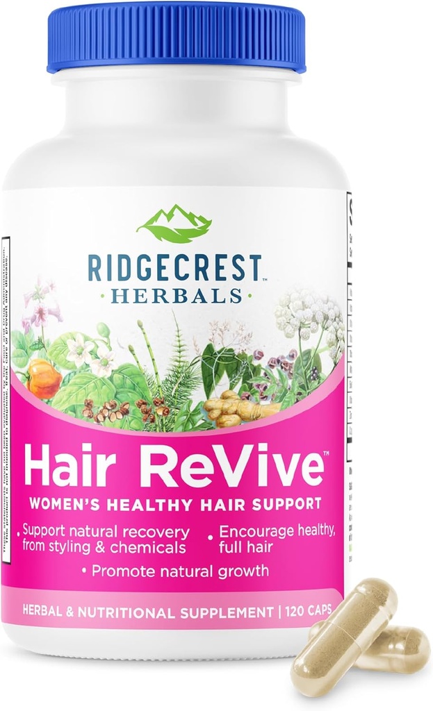 RidgeCrest Herbals Hair ReVive, complément de cheveux nutritionnel avec vitamine C, biotine (6000mcg), zinc et cuivre, vitamines capillaires pour les femmes pour soutenir les cheveux, la peau et les ongles sains (120 capsules, 30 portions)