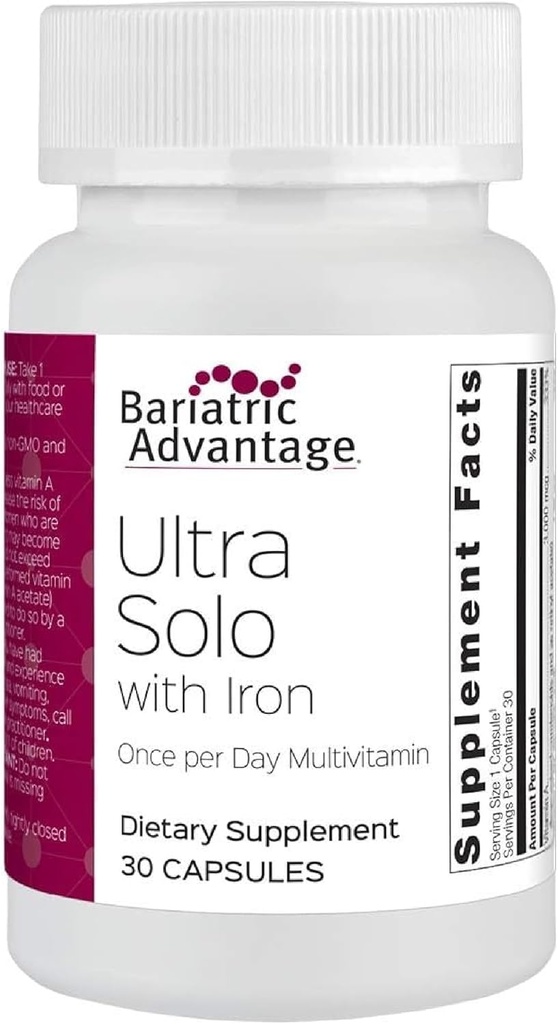 Avantage bariatrique Ultra Solo avec fer - Multivitamine quotidienne une fois par jour - pour les patients bariatriques - avec la thiamine, la vitamine A et plus - Sans gluten - 30 capsules