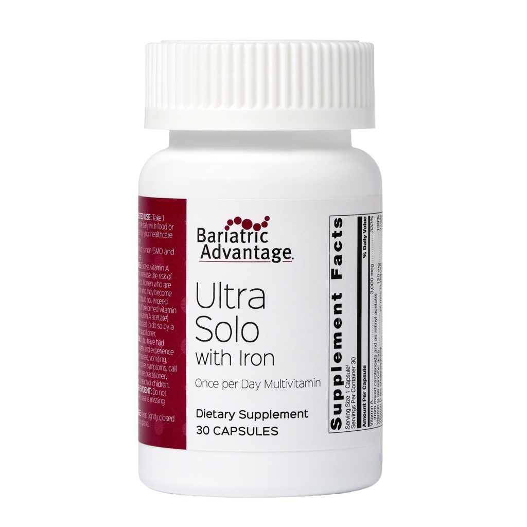 Avantage bariatrique Ultra Solo avec fer - Multivitamine quotidienne une fois par jour - pour les patients bariatriques - avec la thiamine, la vitamine A et plus - Sans gluten - 30 capsules