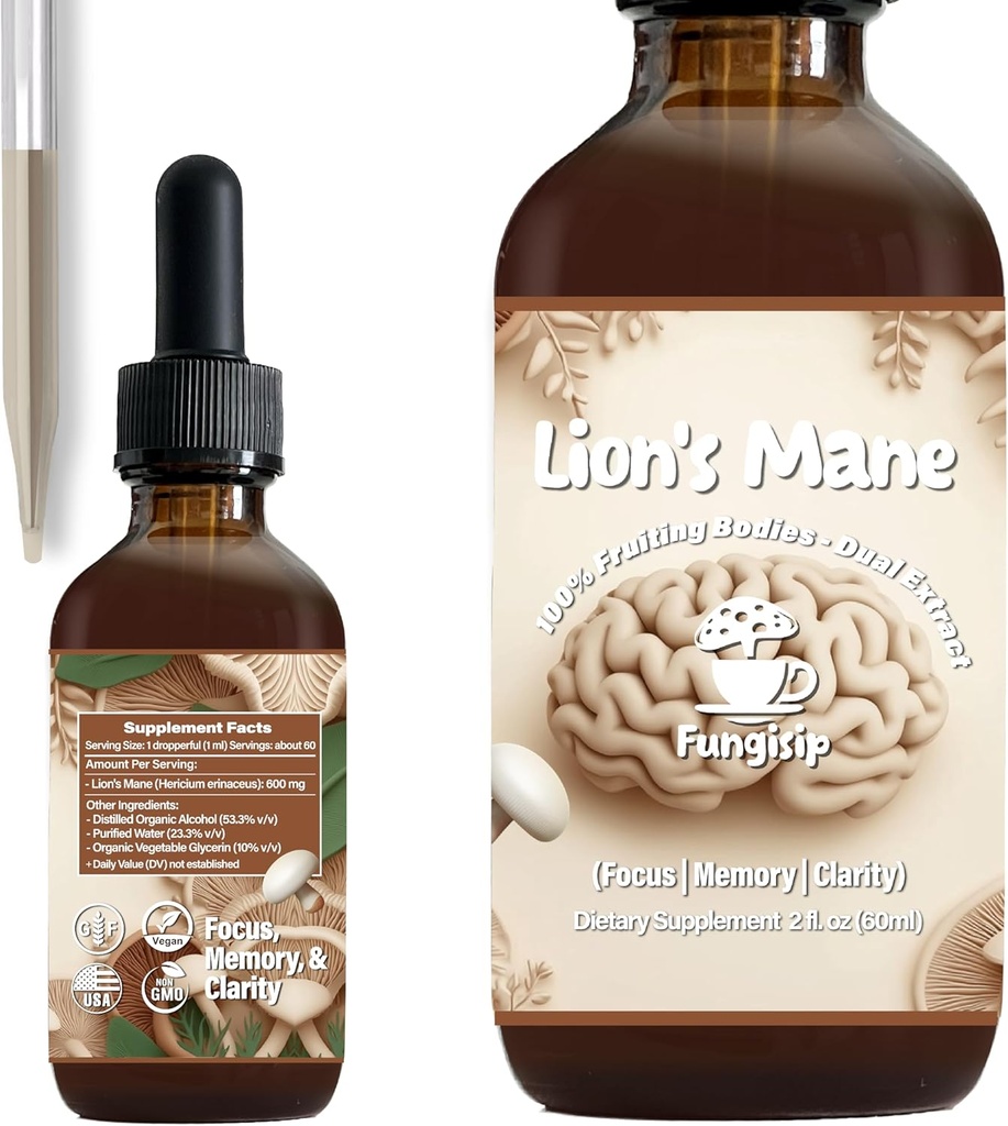Teinture de lion – Soutien biologique du cerveau et de la concentration – Extrait de champignons liquides à base d'alcool ultra-potent – 2 oz