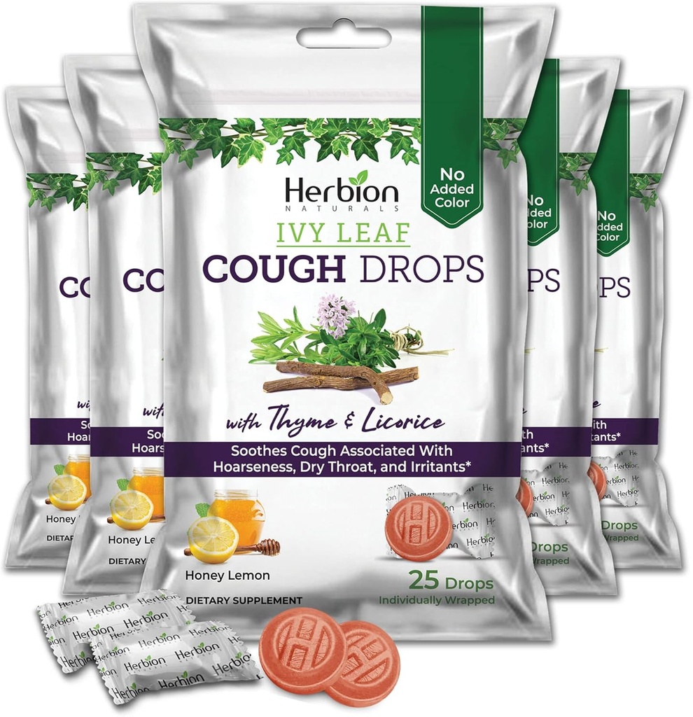 Herbion Naturals Ivy Leaf Cough Drops with Thym & Licorice, Miel Lemon Flavor, Soothes Cough, pour adultes et enfants de plus de 6 ans, 125 Comte, Pack de 5