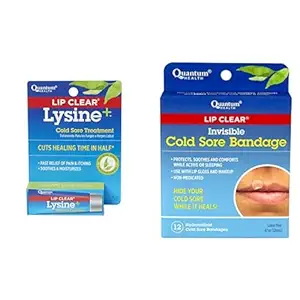 Quantum Health Lip Clear Lysine+ Cold Sore Treatment Ointment, Transparent, 0.25 Ounce, Lip Clear Invisible Cold Sore Bandage |Non-Medicated|12 Count
